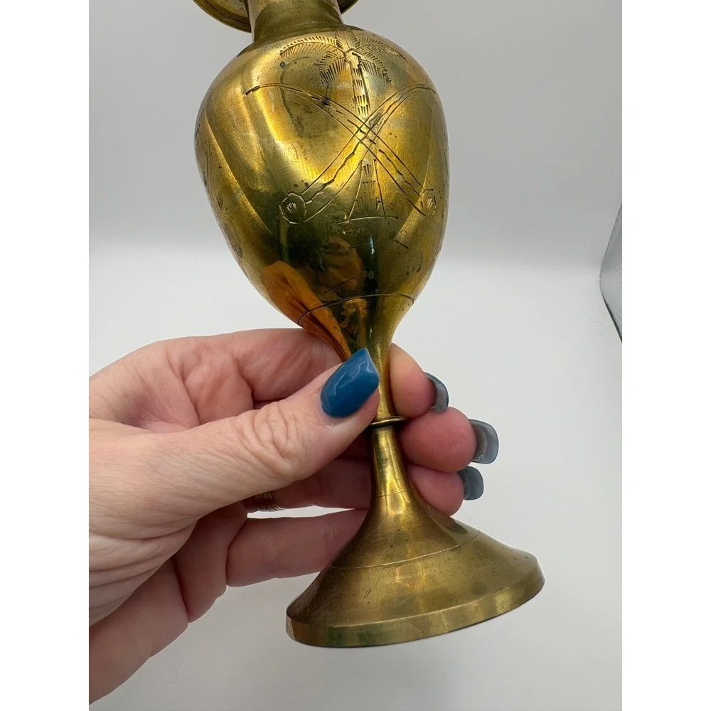 Vintage Brass Vase Etched Palm Trees Golf Clubs Goblet Style